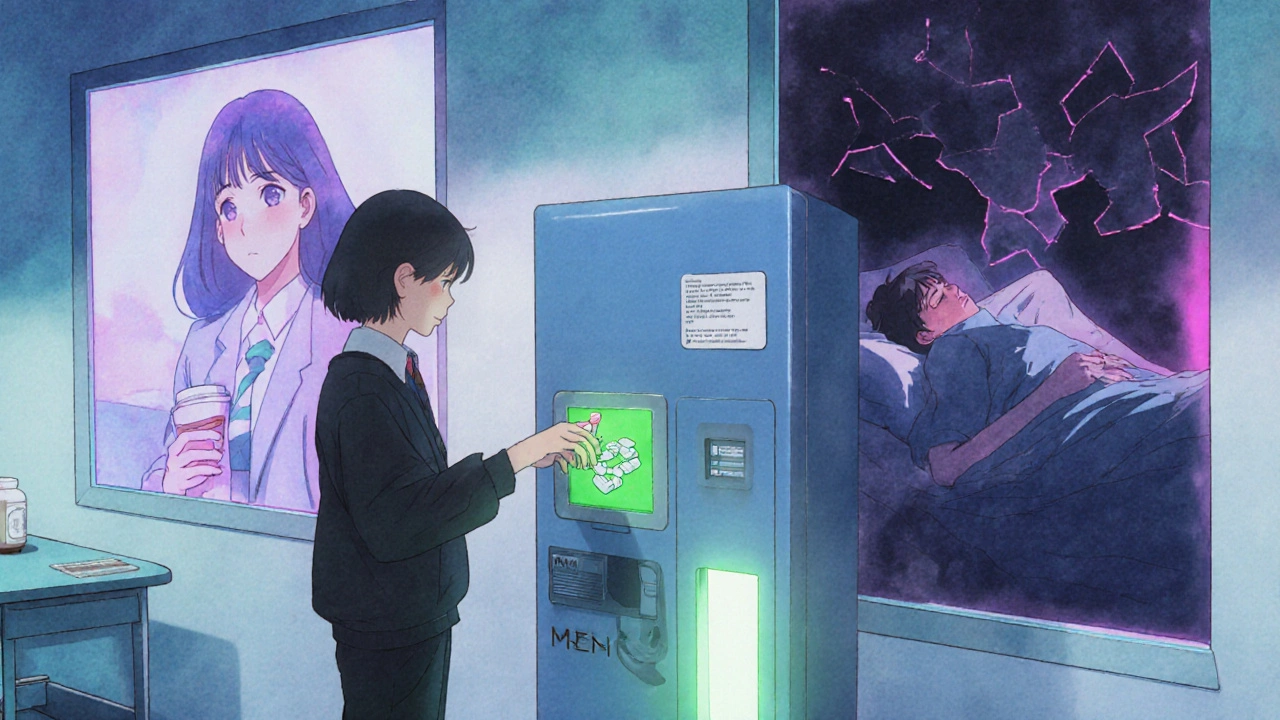 A student disposing of pills at a campus kiosk with holograms of their future self.
