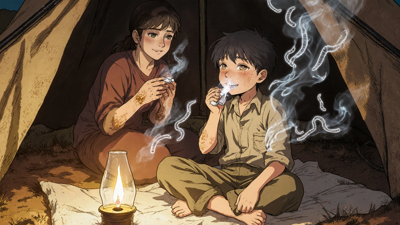 A young boy swallows deworming tablets as his mother watches with quiet hope.