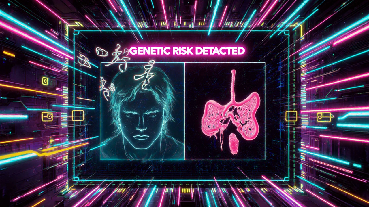 AI neural network analyzing genomic data with holographic genetic risk warning.
