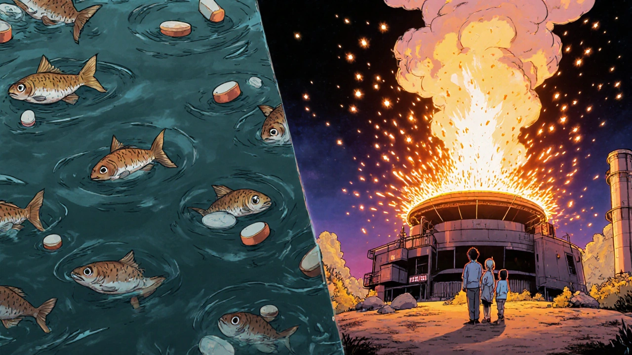 Contrasting polluted river and clean incinerator turning meds into energy sparks.