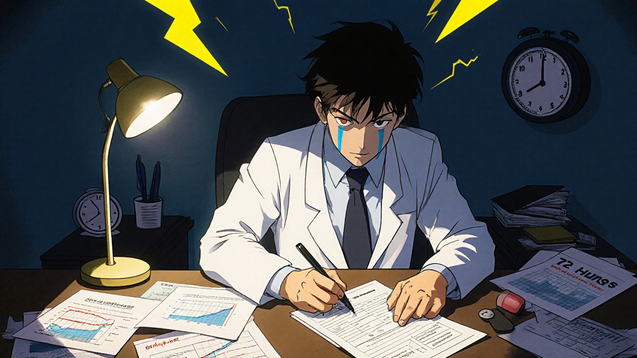 Doctor writing medical exception form with lab data and clock ticking toward deadline.