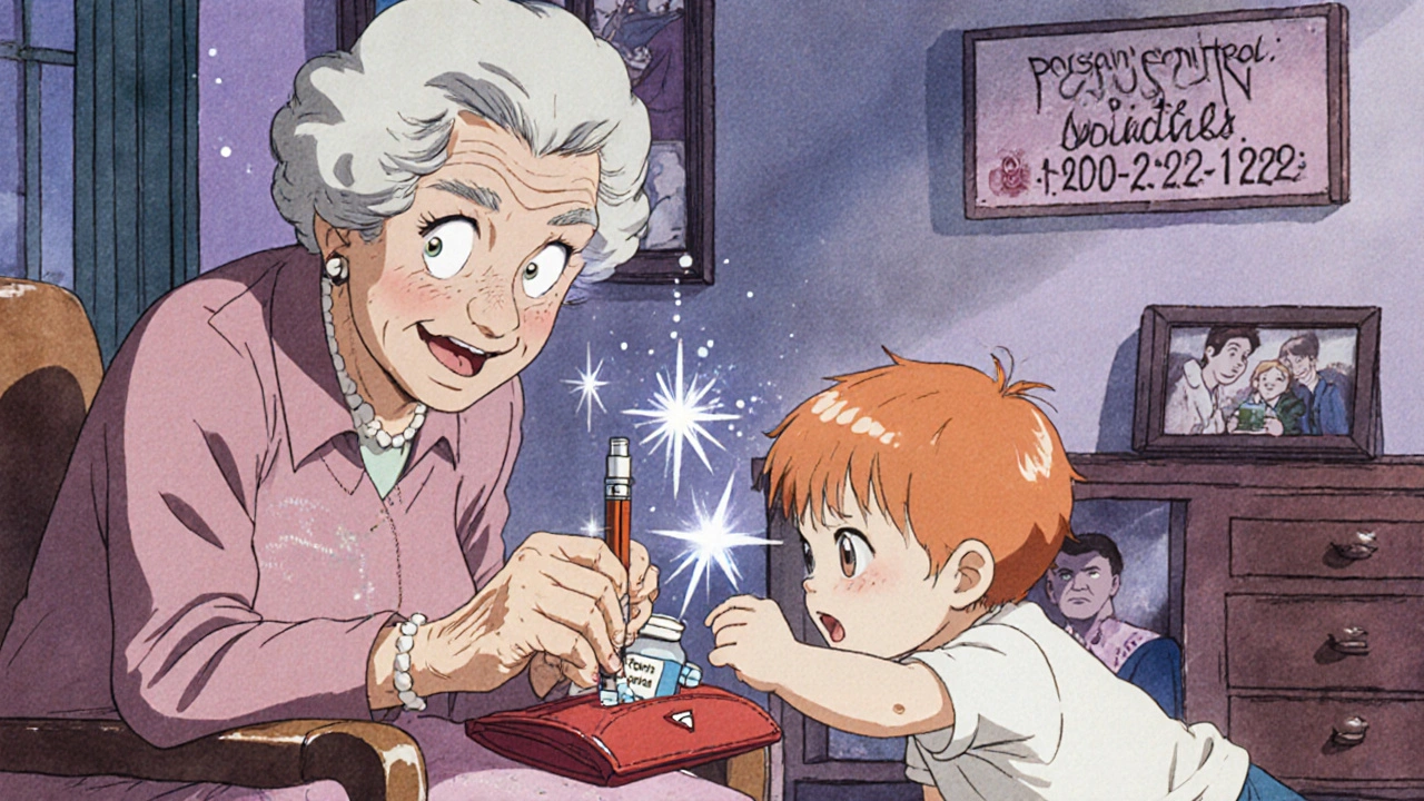 Grandmother&#039;s purse on a chair as a child reaches for pills and a vape pen