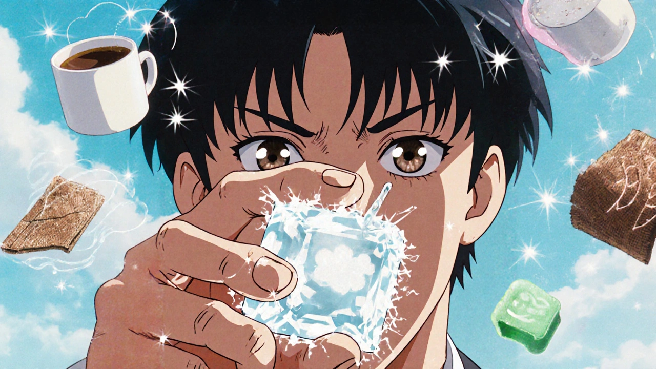 Hand holding ice cube with sensory elements floating around in vibrant 80s anime aesthetic