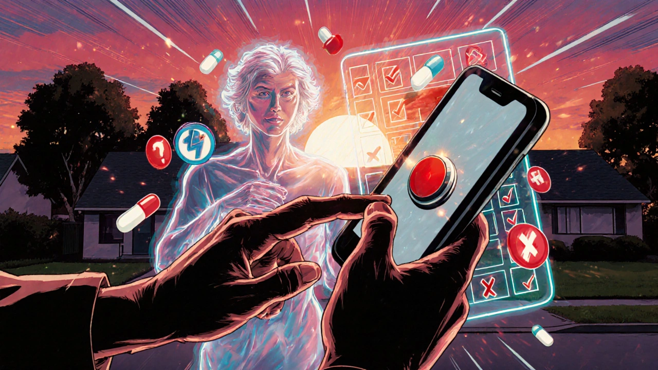 Hand pressing emergency button as ghostly medication icons swirl around a senior at home.