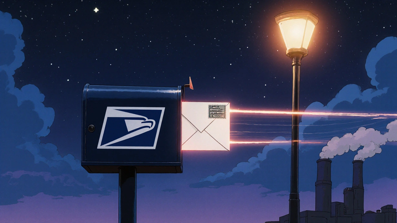 Mailbox receiving a sealed drug disposal envelope at night with glowing trail.