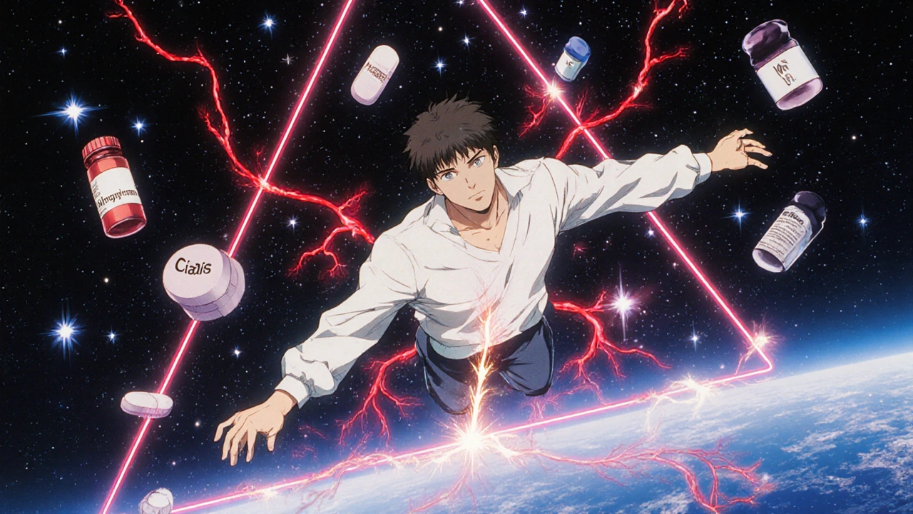 Man floating in space surrounded by dangerous pills connected by snapping blood vessels.