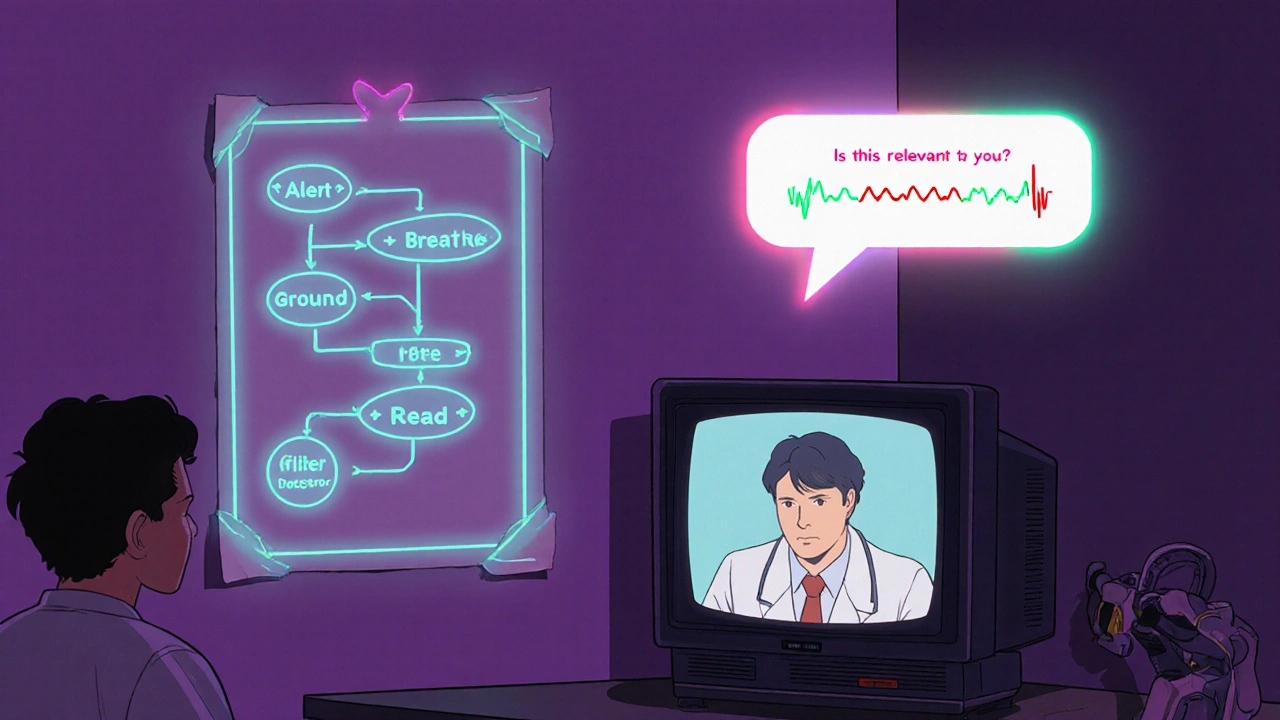 Patient talking to doctor via monitor with flowchart on wall under neon lighting