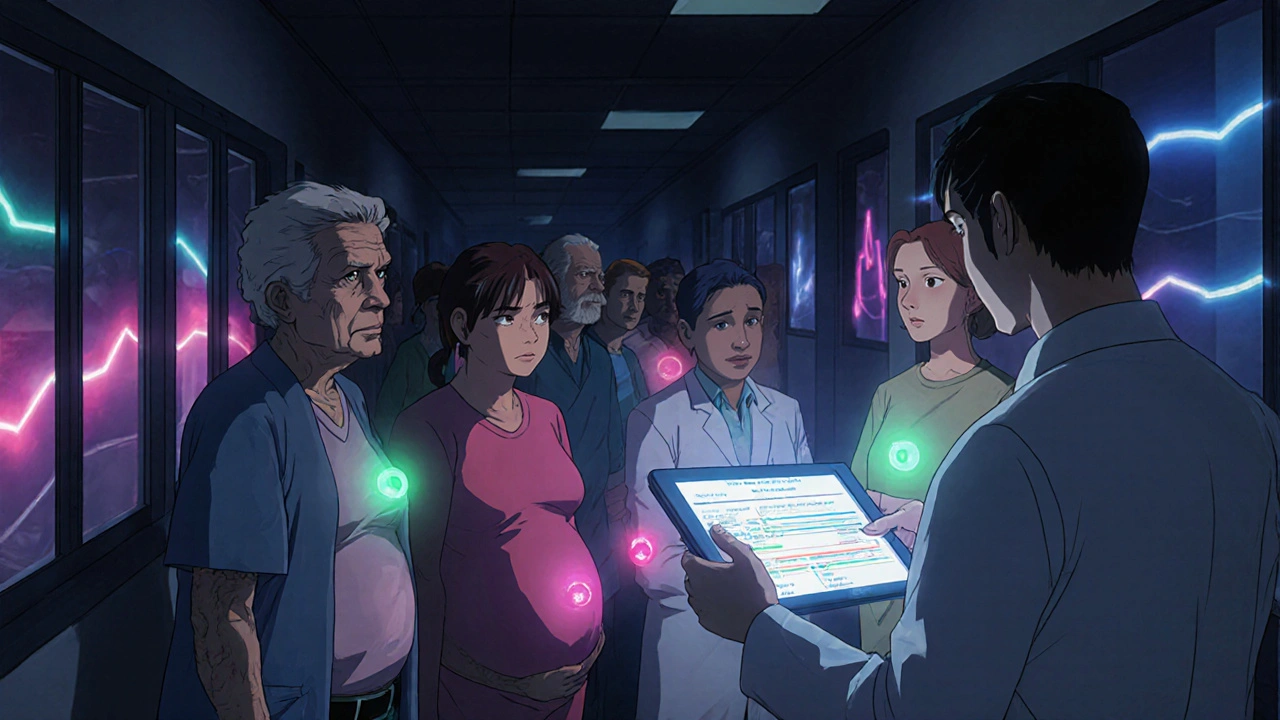 Patients with colored auras in hospital hallway, specialist holding glowing timeline tablet.
