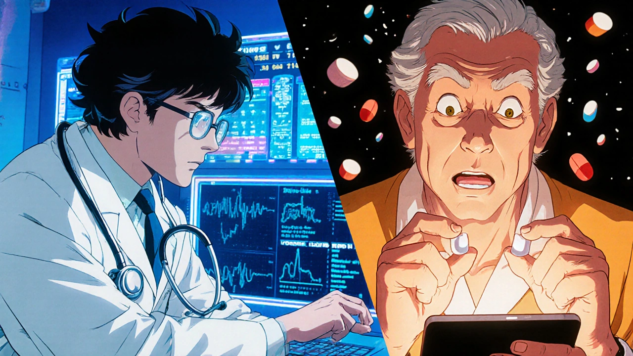Pharmacist reviewing drug interactions on a screen while a patient holds two identical pills.