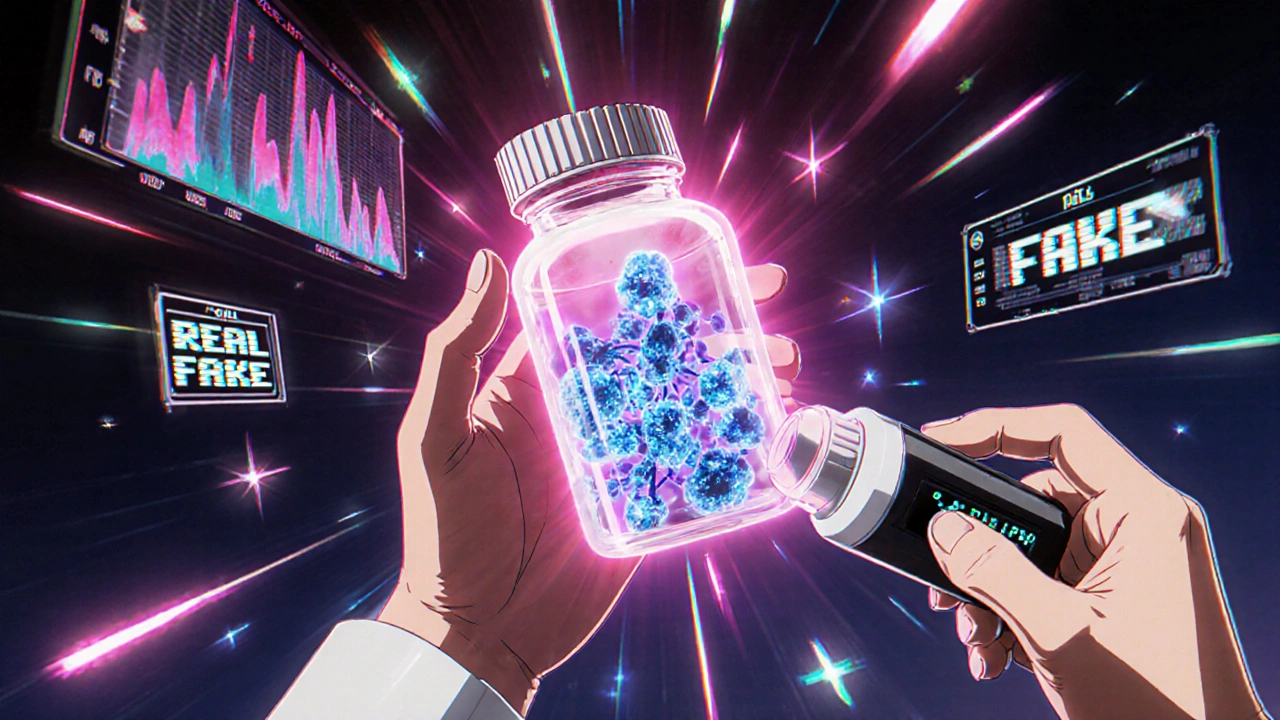 Pharmacist scanning pill with handheld spectrometer, colorful molecular data floating in air.