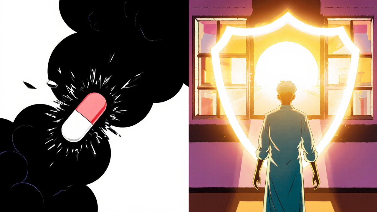 Shattered isoniazid pill vs. glowing new TB regimen with sunrise symbolizing modern treatment