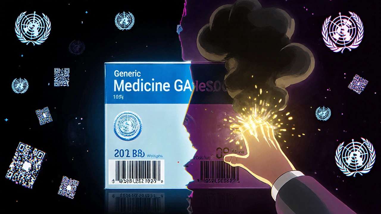 Split image: authentic medicine box vs counterfeit with smoke rising, golden light on real one.