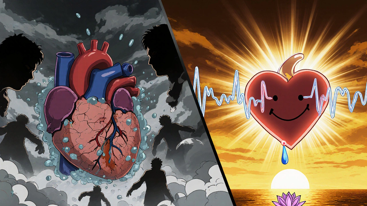 Split panel: damaged heart vs. restored heart with medical symbols and sunrise background