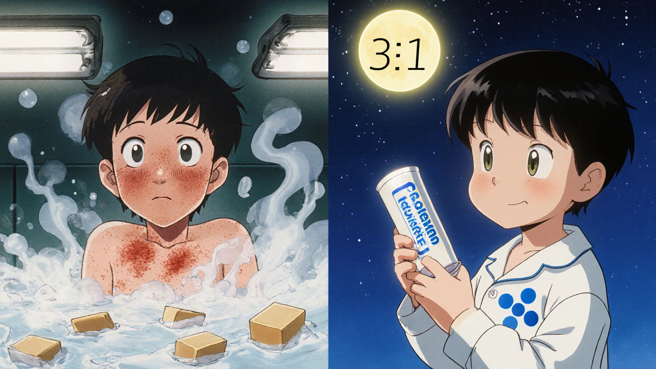 Split scene: child with eczema under harsh light vs. same child with smooth skin under moonlight.