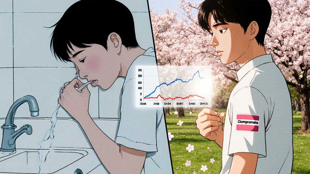 Split scene: patient sick after SSRI vs. same person calm with patch, cherry blossoms falling.
