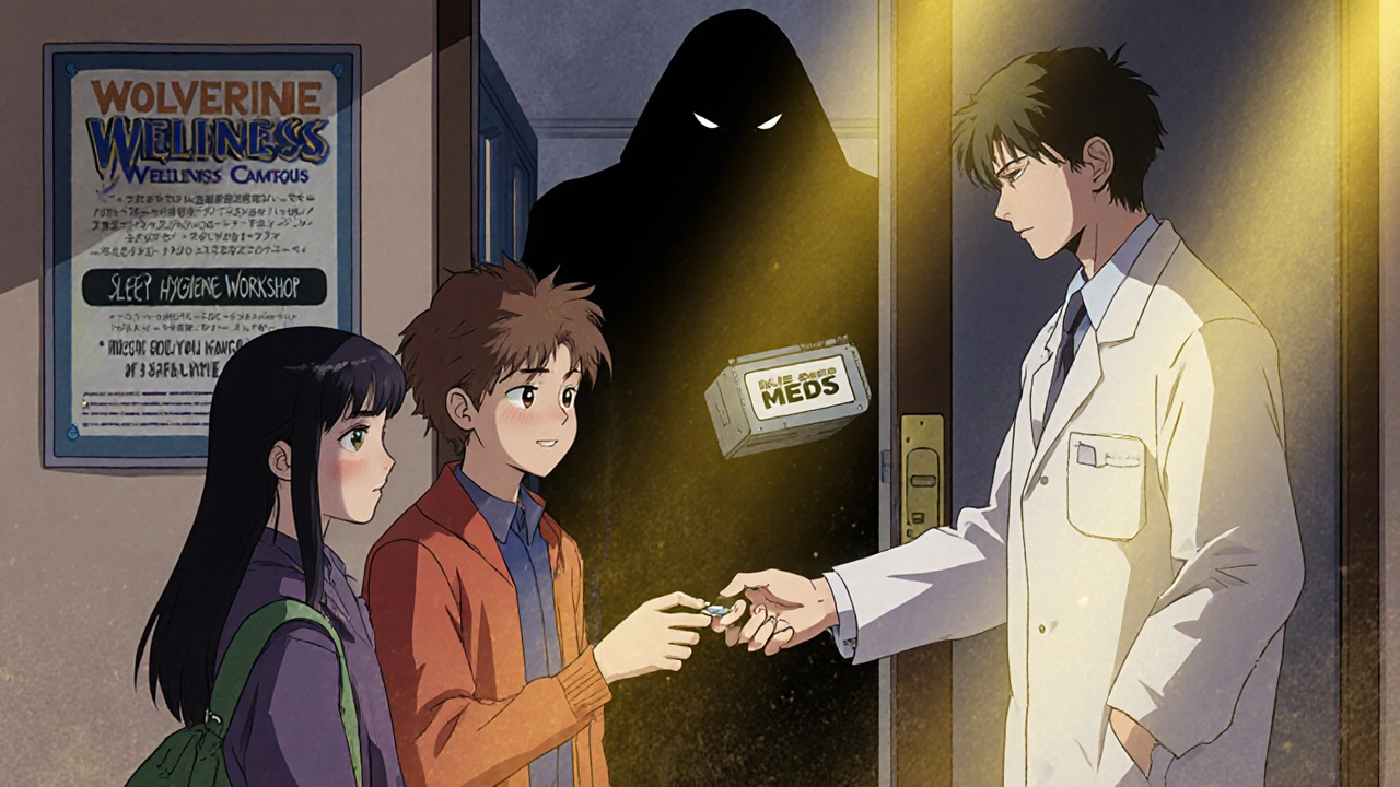 Students exchanging pills in a hallway while a Safe Meds box appears in the background.