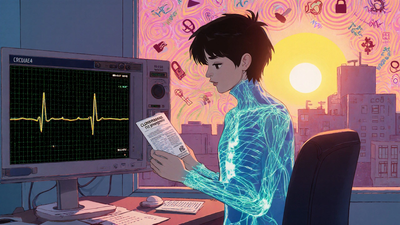 Teen patient with transparent body revealing serotonin pathways, ECG monitor glowing in background.