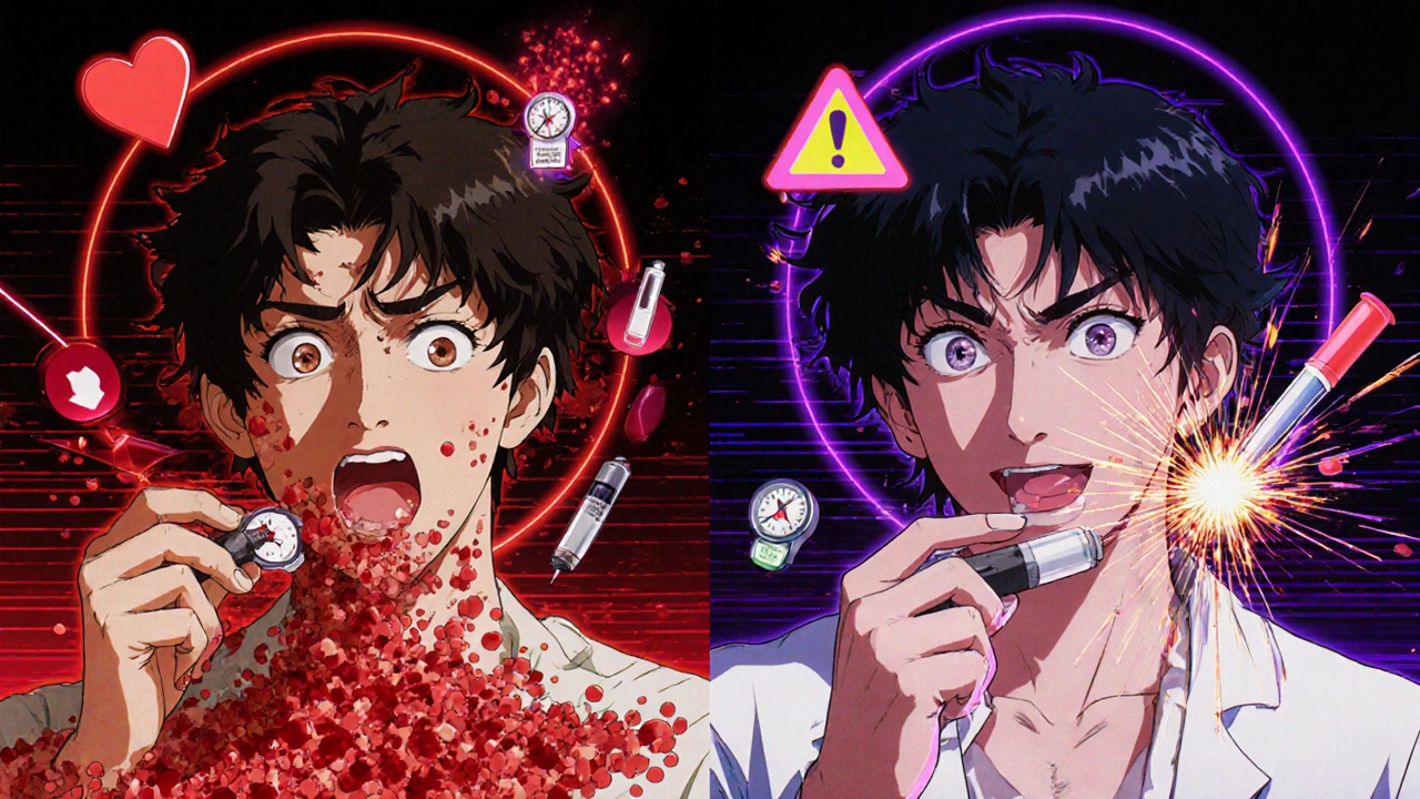 Two patients experiencing dangerous drug interactions: one with bleeding blood droplets, another with shattered blood pressure gauge, in dramatic anime style.