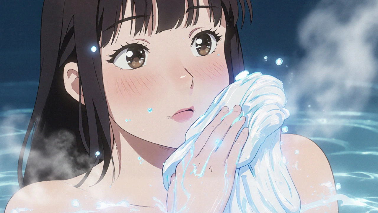 Woman applying ceramide cream to damp skin, glowing lipid particles repairing her barrier.