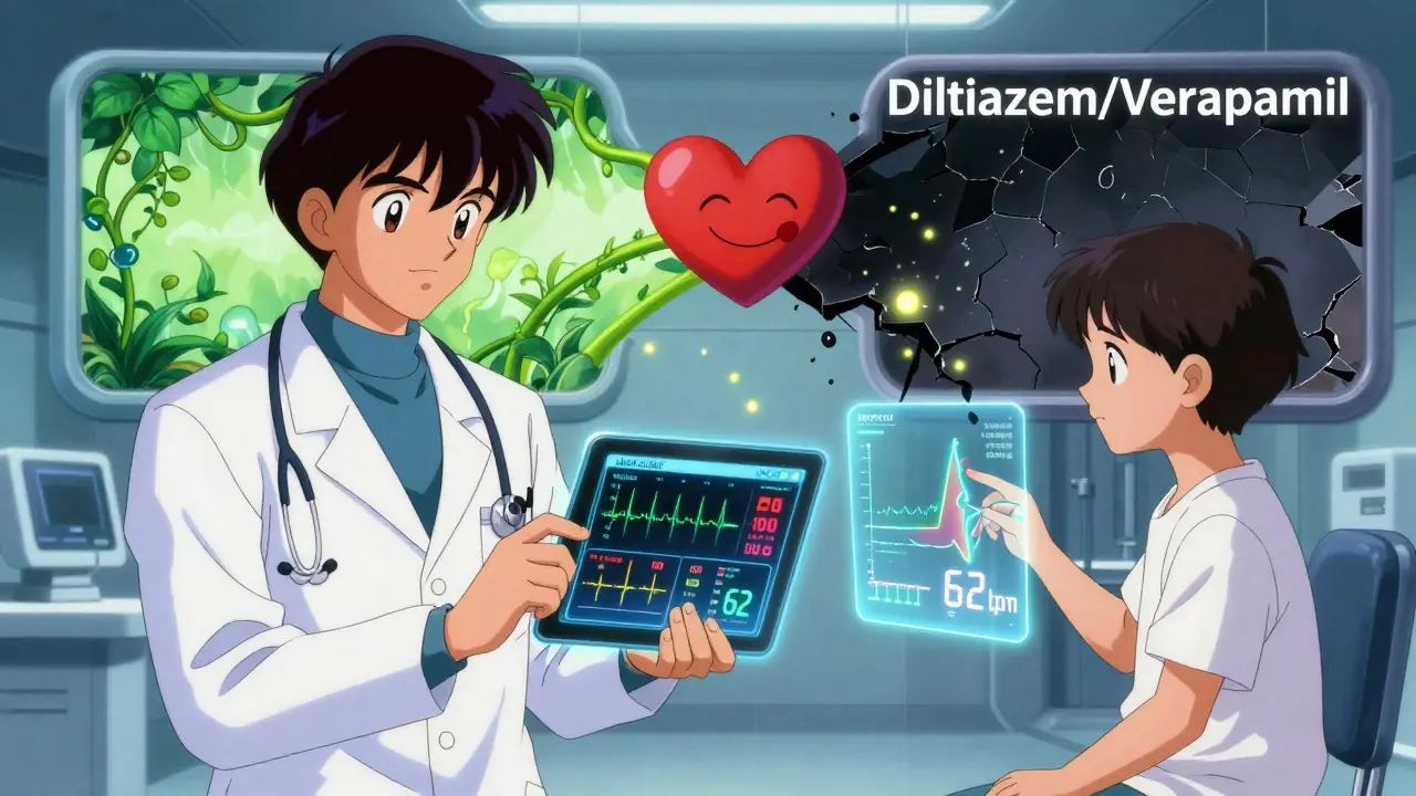 A cardiologist and patient with a holographic heart rate display, showing safe monitoring of combination therapy.