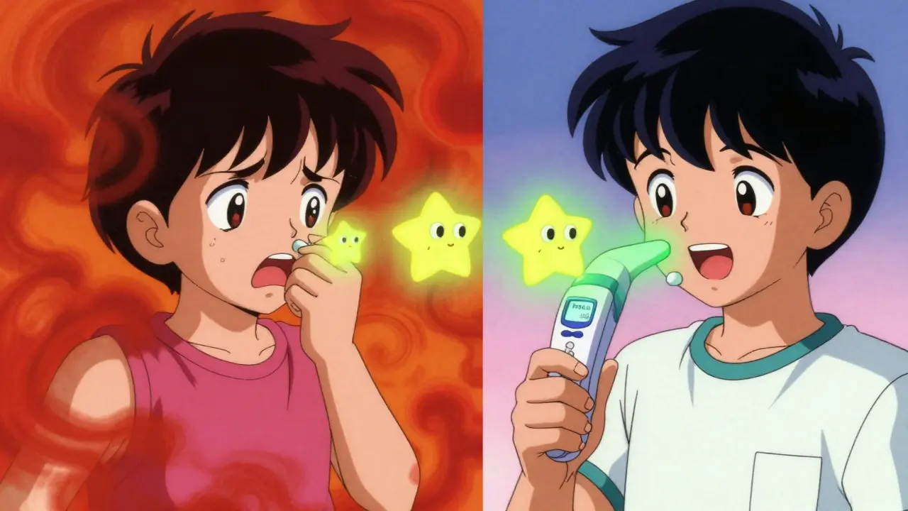 A child’s asthma attack contrasts with a calm FeNO test result, illustrated with floating eosinophil stars in 80s anime style.
