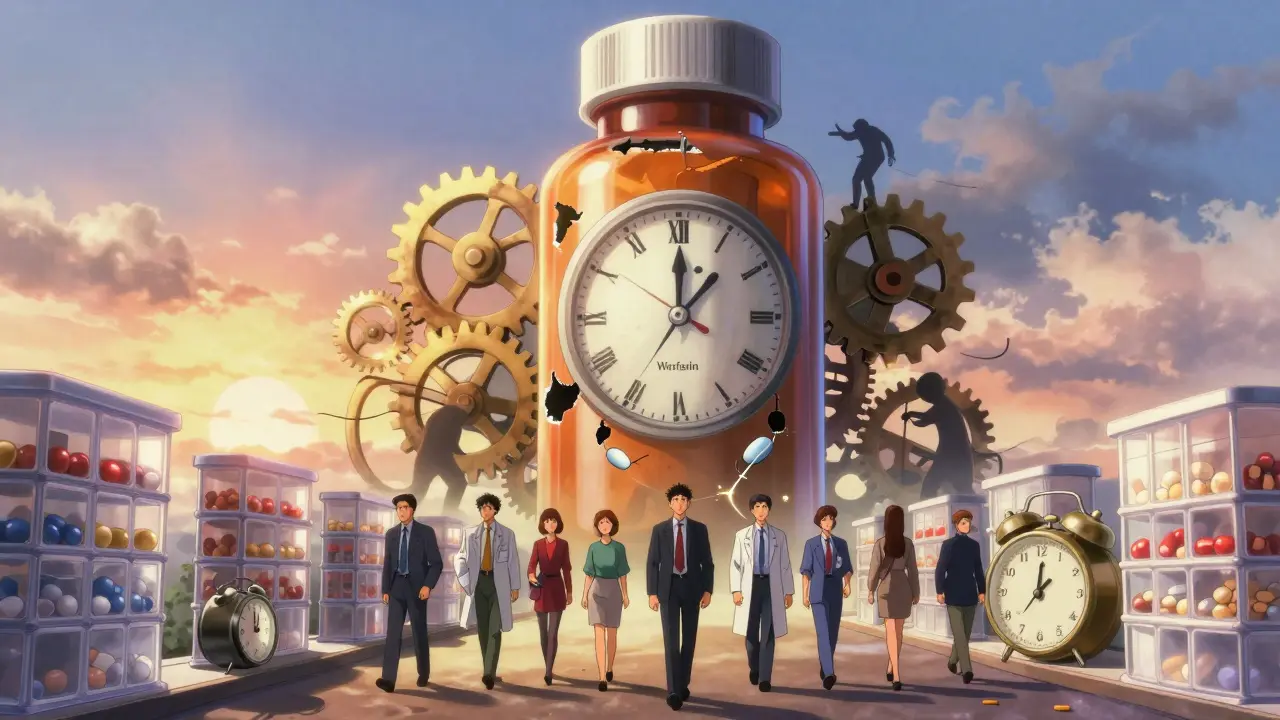 A clocktower made of pill bottles crumbles as people walk forward on a path of organizers and alarms.