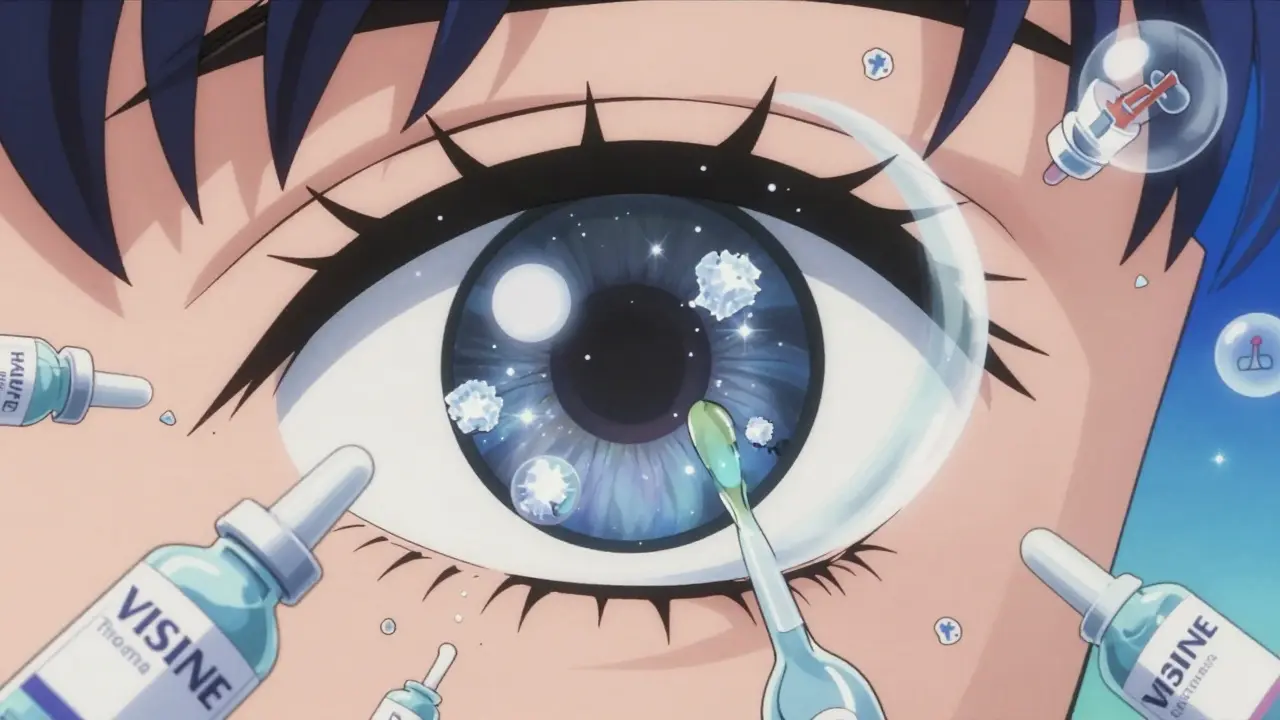 A close-up of a healing eye with glowing tear film, surrounded by shattered redness-relief bottles.