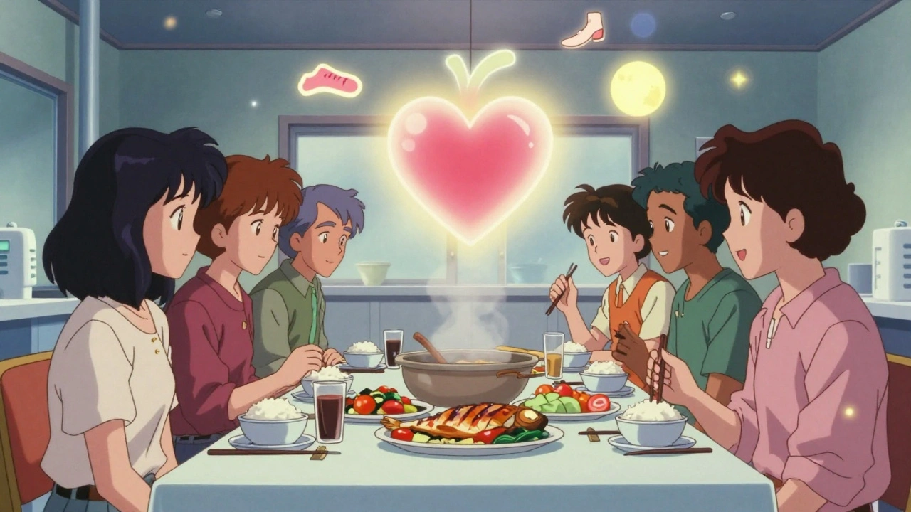 A diverse group eating fish at dinner, with a warm glowing heart and icons of healthy habits floating above them.