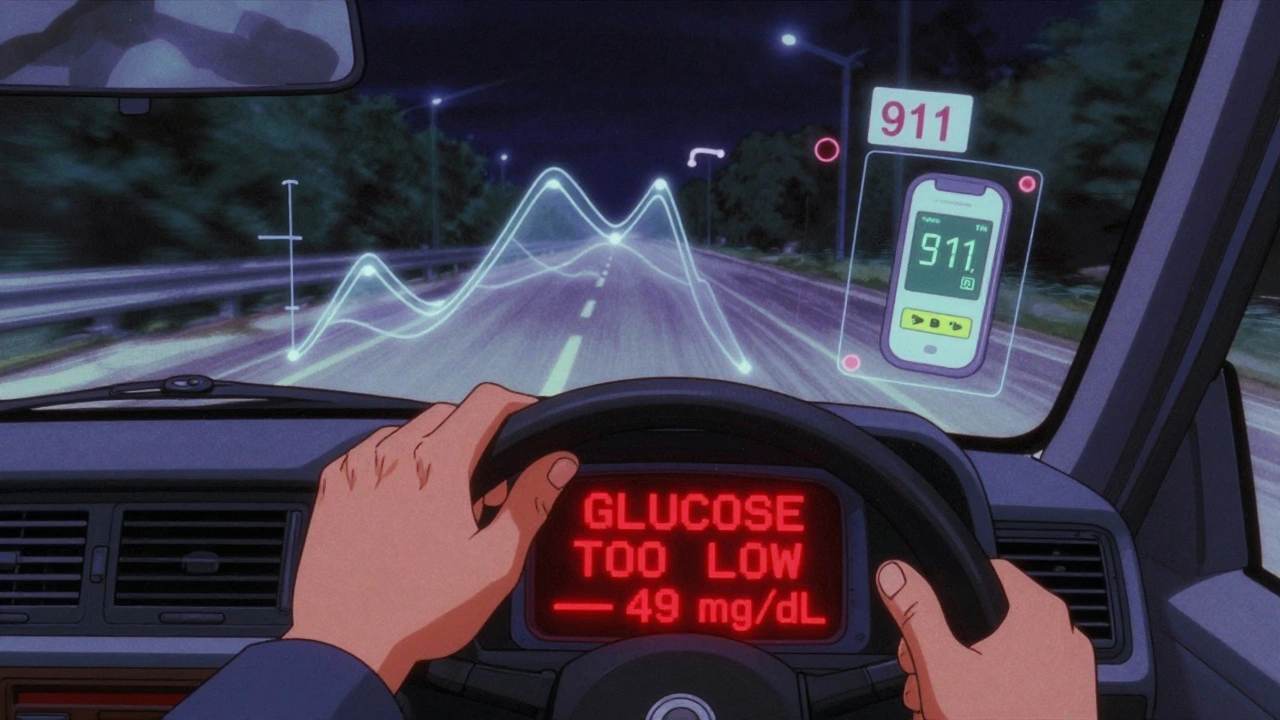 A driver with low blood sugar warning on car dashboard, blurred road, and floating glucose alerts in anime style.