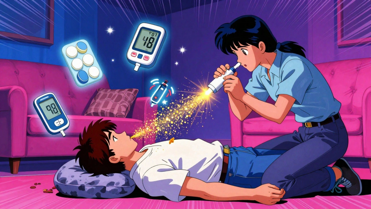 A friend administering nasal glucagon to an unconscious person, with golden energy particles and medical symbols glowing around them.