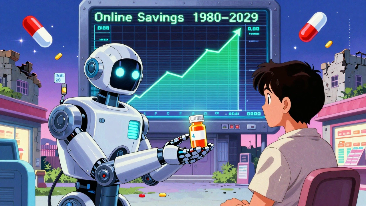 A futuristic robot delivers medication as a graph of rising savings towers over crumbling retail pharmacies.