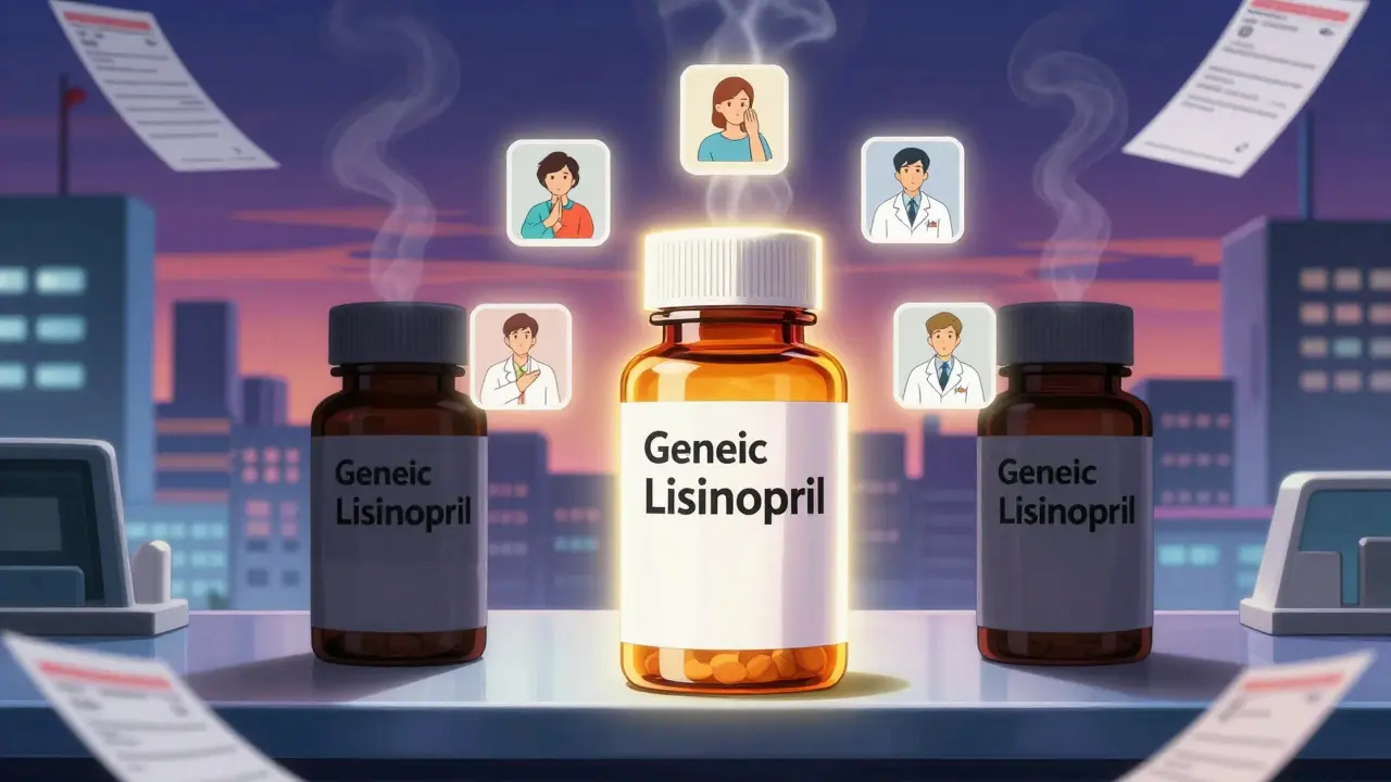 A glowing first generic pill bottle radiates loyalty from patients and pharmacies, while others fade in shadow.