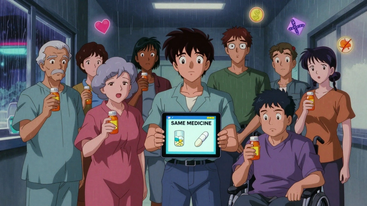 A group of patients looking at a tablet displaying side-by-side pill images, realizing generics are the same medicine, with hopeful expressions and neon clinic lighting.