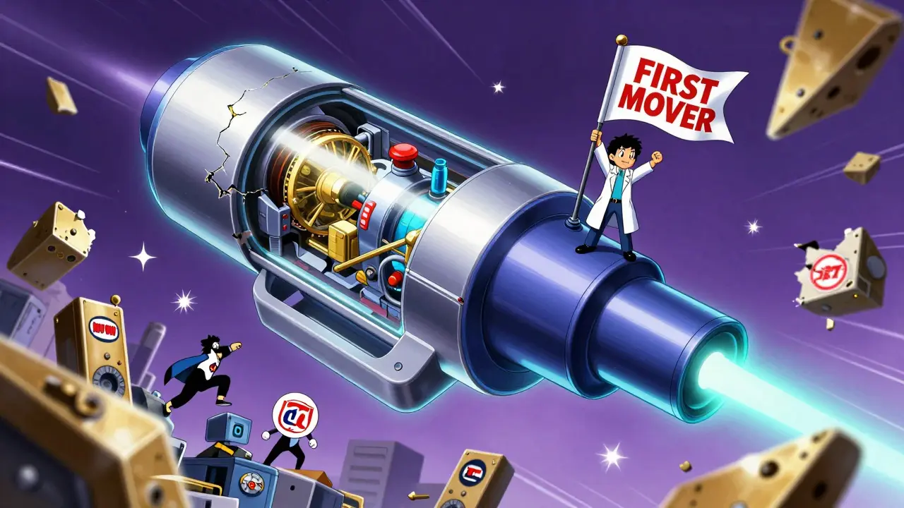 A heroic figure stands on a glowing inhaler, defeating rival drug companies in a vibrant anime battle scene.