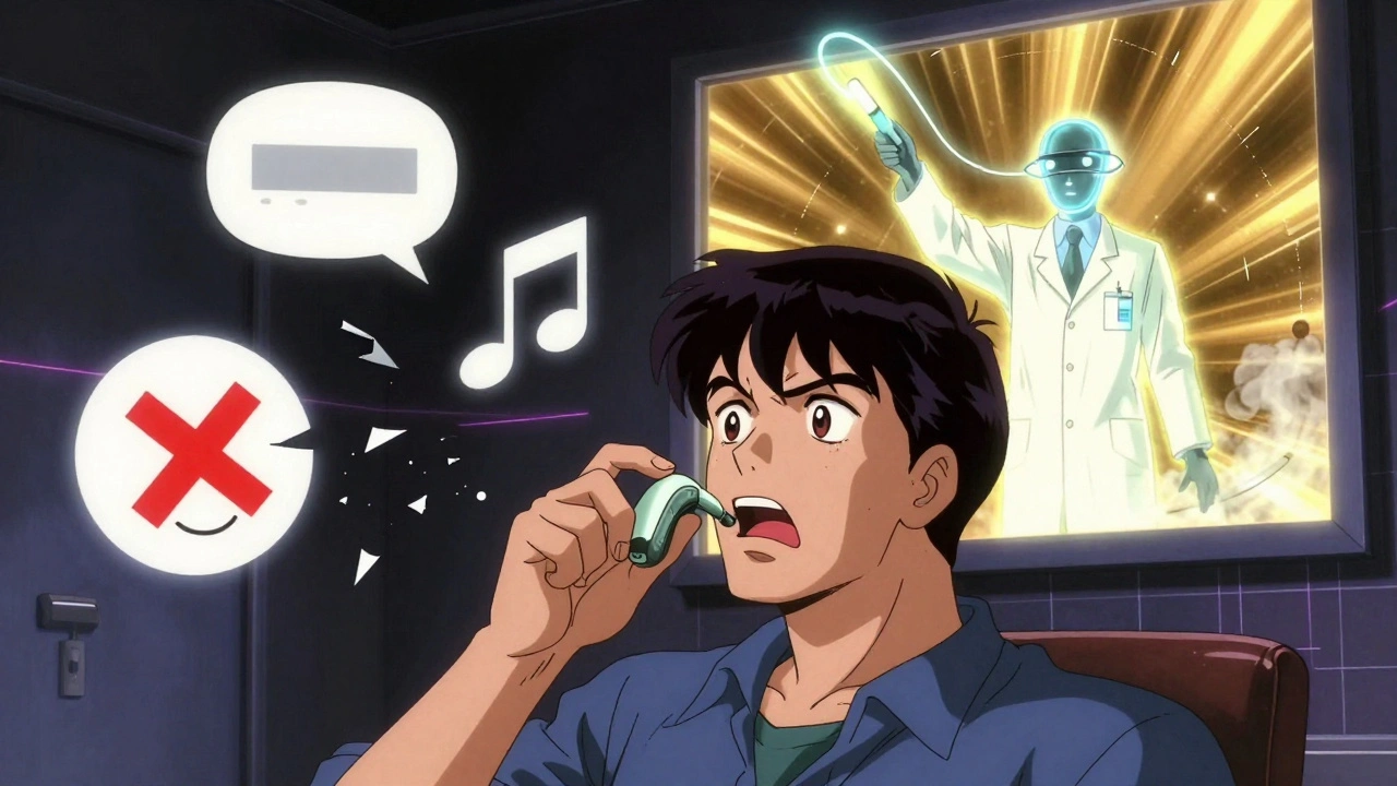 A man struggling with a whistling hearing aid, while a glowing REM fitting shines brightly behind him.