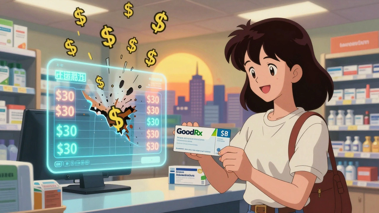 A mother receiving cheap antibiotics from a pharmacy, with holographic price comparisons fading away.