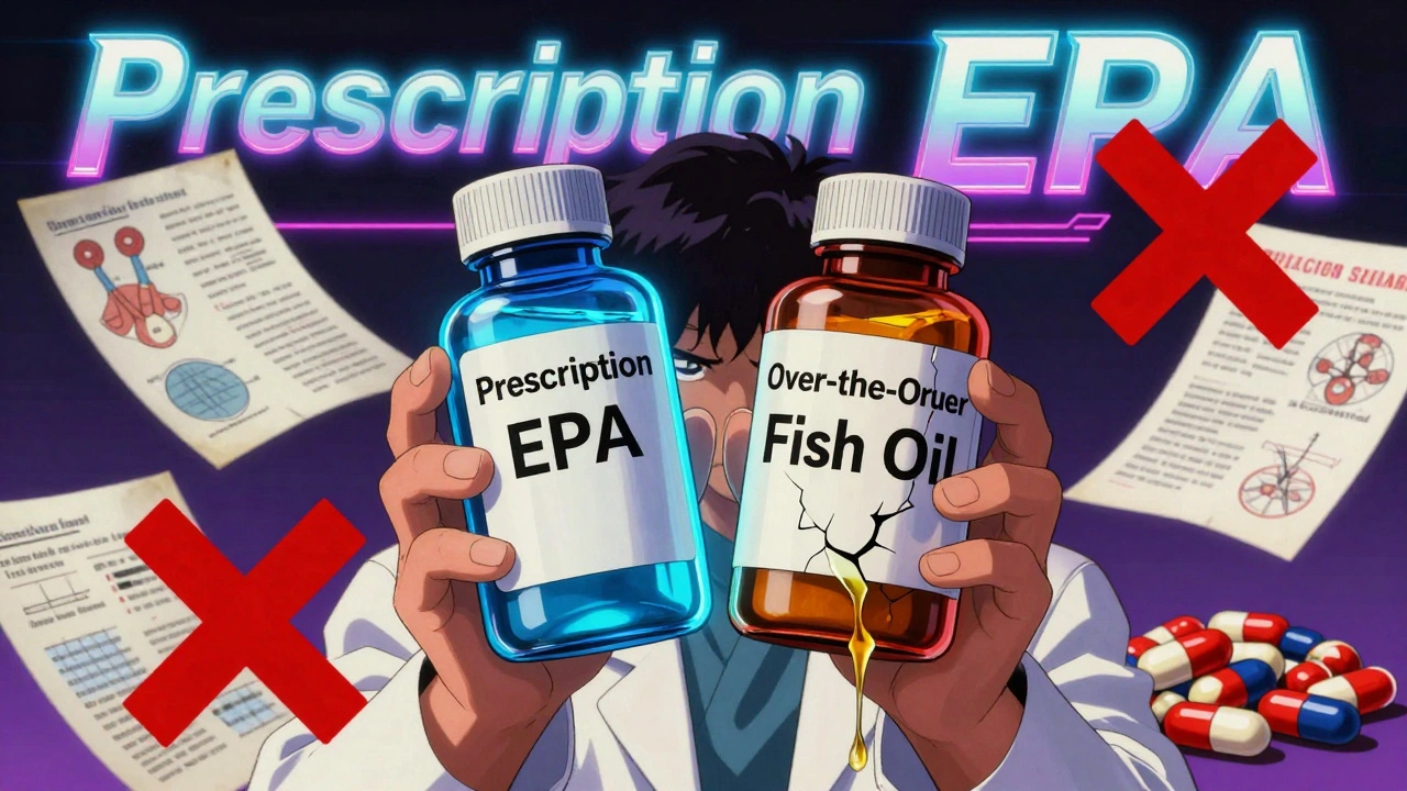 A pharmacist comparing a glowing prescription omega-3 bottle with a broken over-the-counter one, surrounded by medical charts.