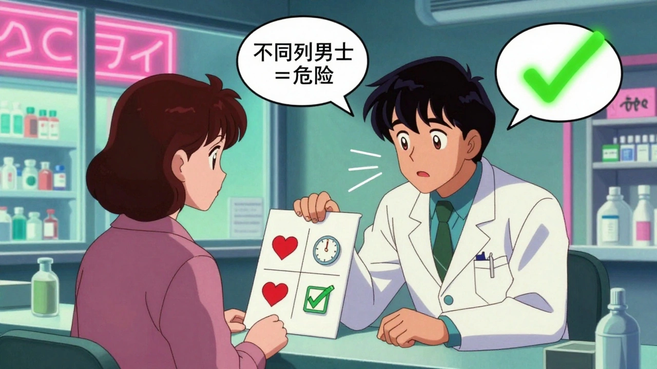 A pharmacist showing a visual chart of generic and brand-name pills to a non-English-speaking patient, with light and symbols conveying understanding.