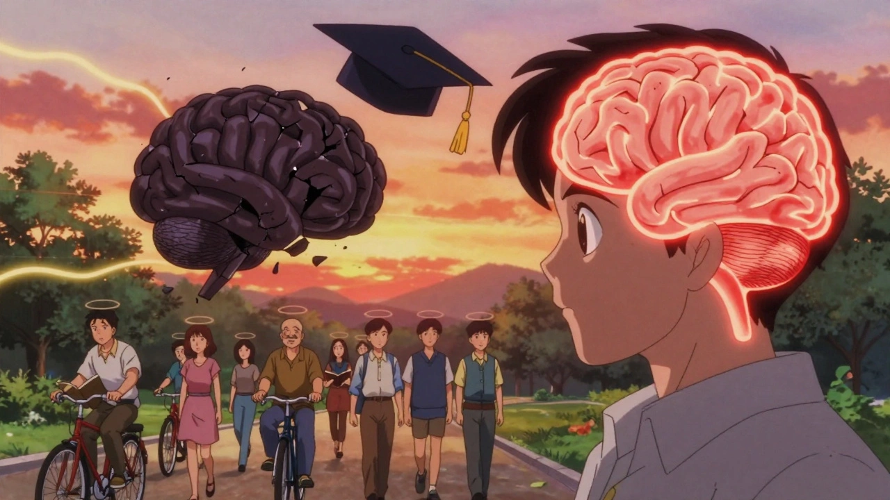 A split-brain image showing recovery contrasted with dysfunction, with people walking in a hopeful park, in 80s anime style.