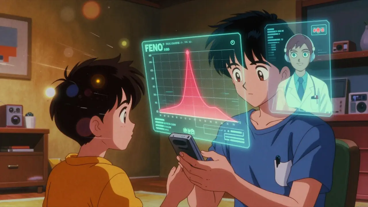 A teen monitors their asthma at home with a smartphone FeNO device showing a rising graph, glowing holographic alerts.