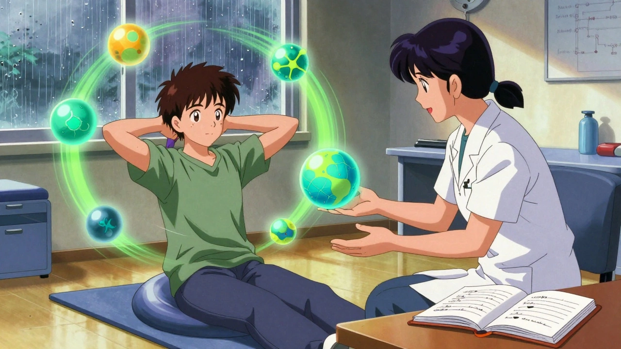 A therapist guiding a patient through balance exercises with floating orbs representing neural retraining, in 80s anime style.