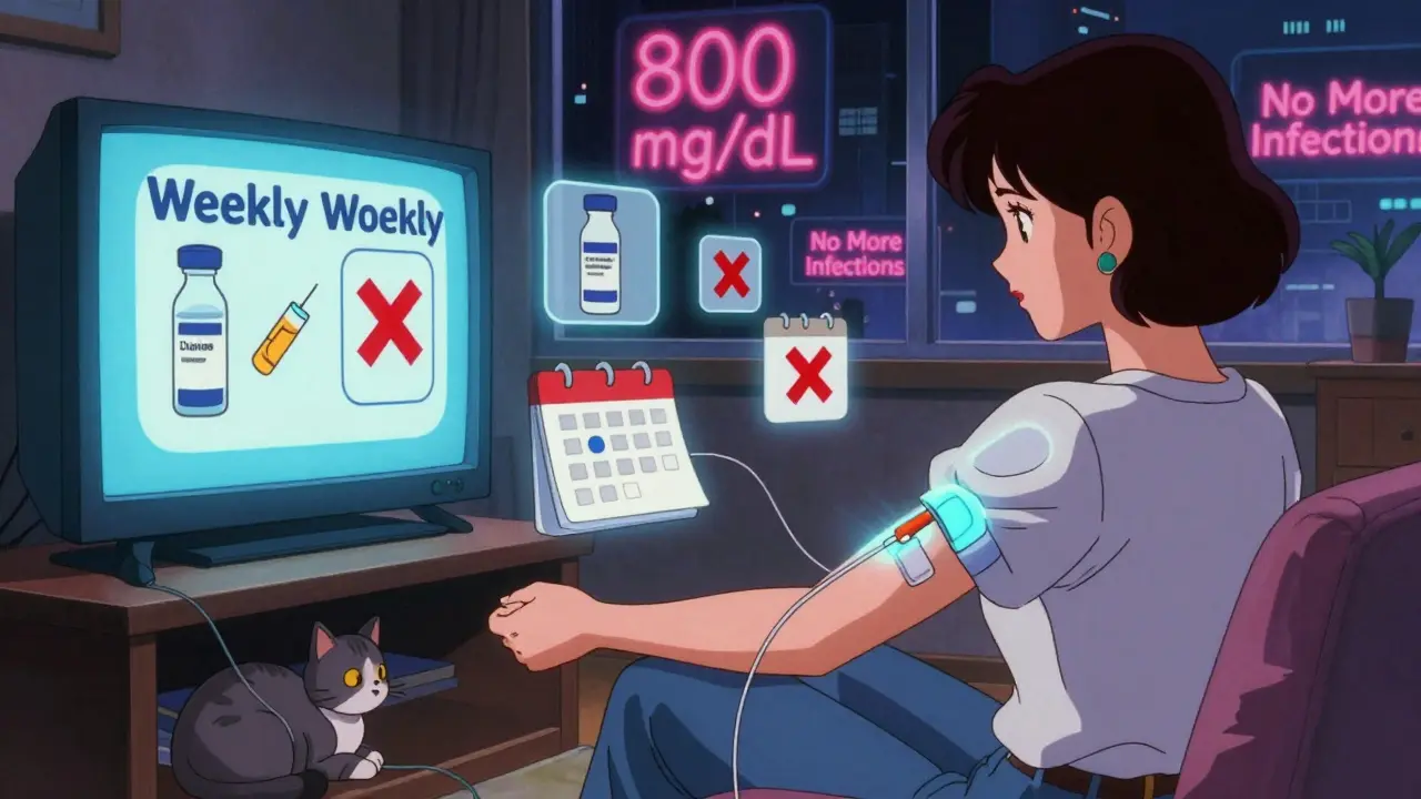 A woman giving herself SCIG injection at home with glowing light and weekly dose icons in 80s anime style.