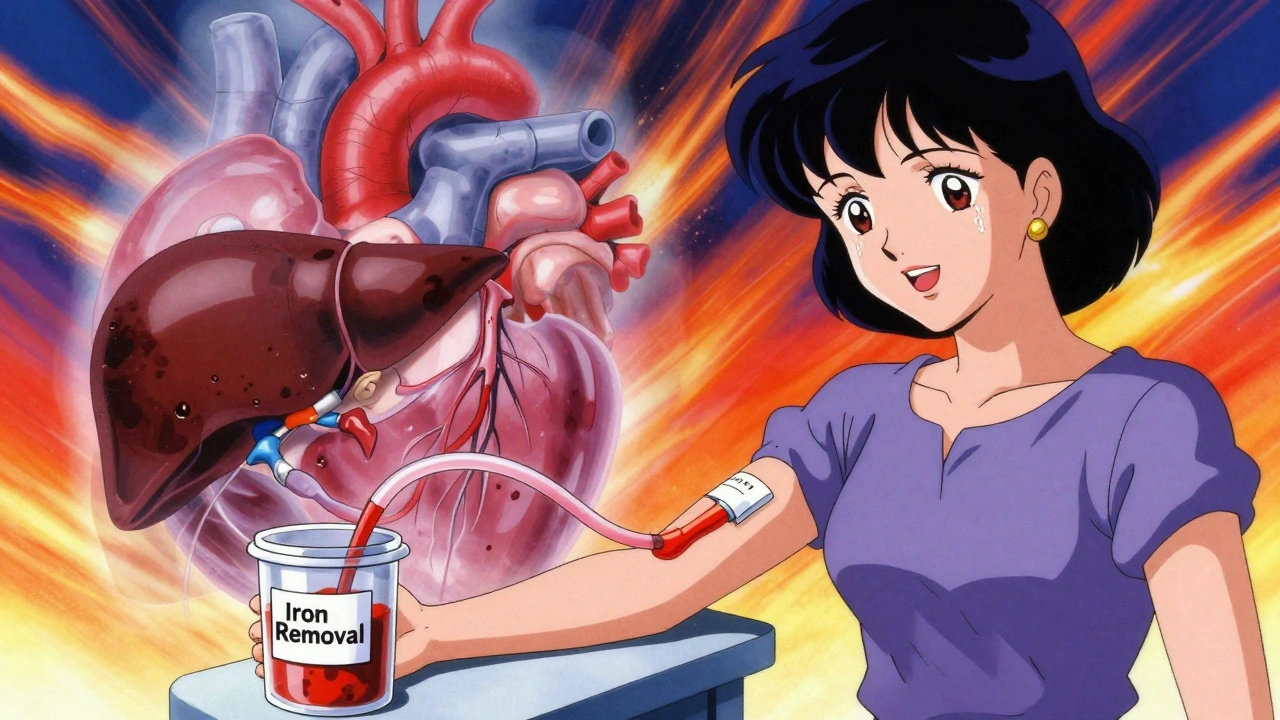 A woman receiving phlebotomy as her organs slowly heal, with vibrant blood flow and fading iron stains in 80s anime style.