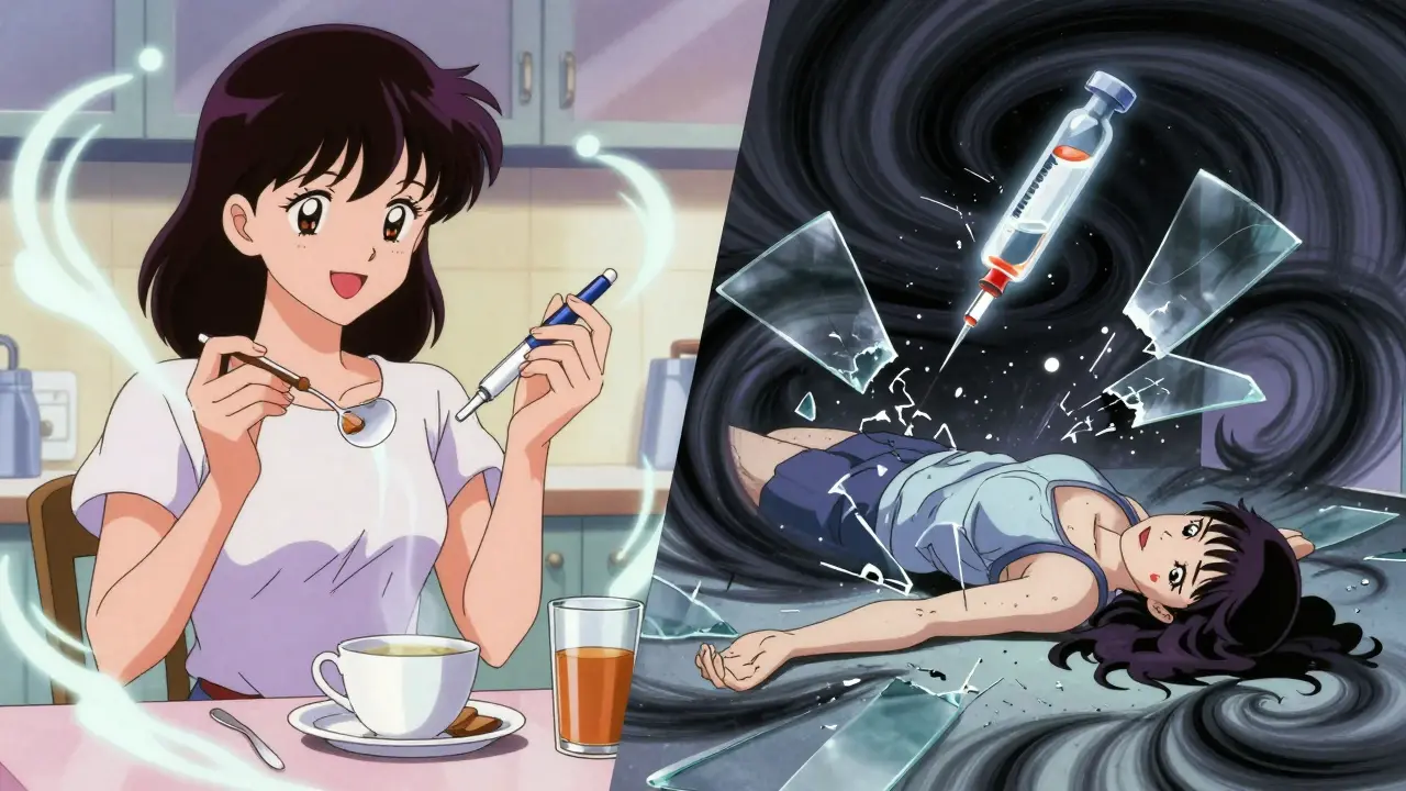 A woman takes insulin peacefully on one side, collapses in crisis on the other, with swirling black energy.