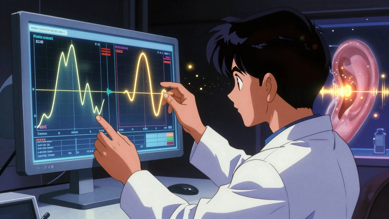 An audiologist comparing two sound curves on a holographic display, one mismatched and one perfectly aligned.