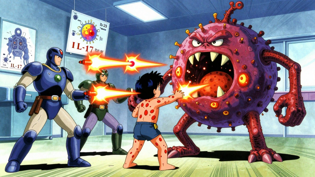Child with small red spots and giant strep bacteria in dramatic anime battle scene