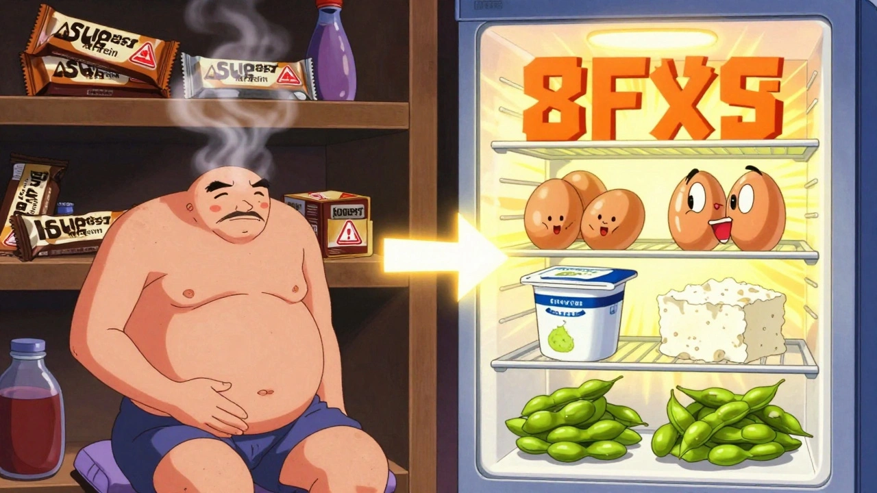 Contrast between unhealthy protein bars causing bloating and wholesome snacks glowing in a fridge