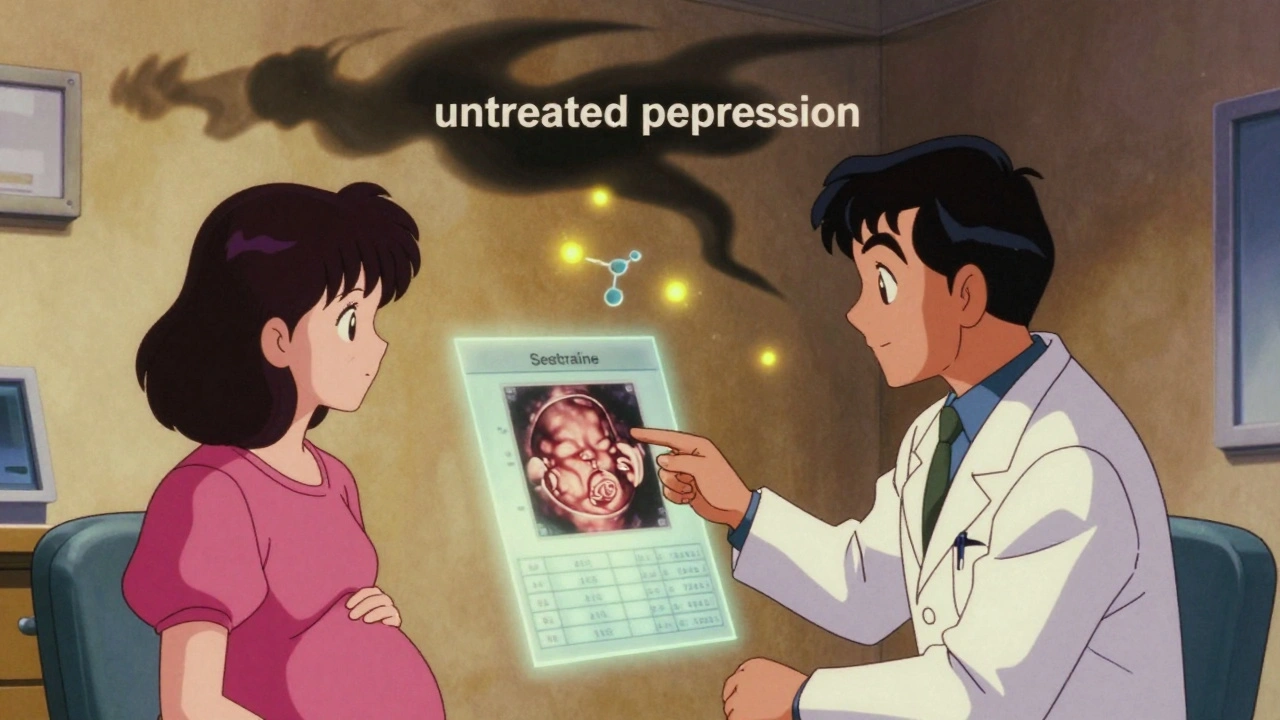 Doctor and pregnant patient reviewing a fetal chart with floating SSRI molecules in a clinic.