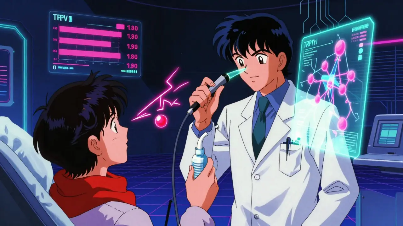 Doctor using holographic endoscope to show overactive nasal nerves reacting to perfume molecules.