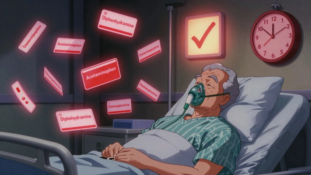 Elderly man in hospital with spinning drug labels glowing red, clock ticking down.